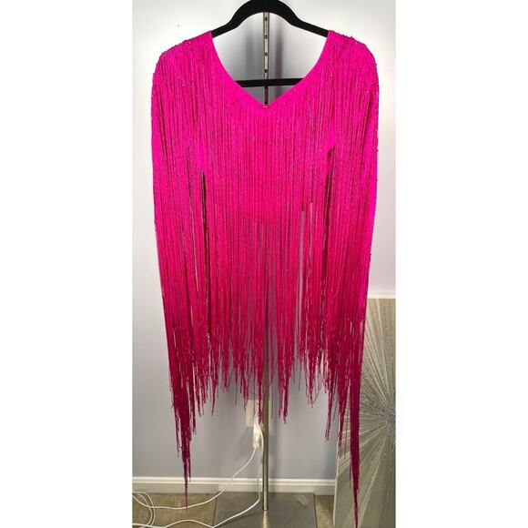 Cult Gaia Lorena Fringe Crystal Embellished Long Sleeve Pink Crop Top Size Small - Picture 8 of 11